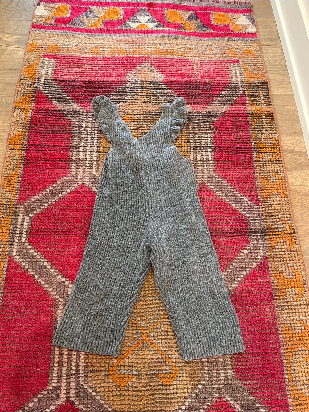 Zara Gray Knit Ruffle-Strap Overalls